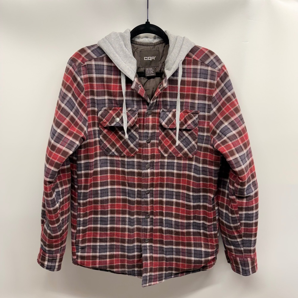 CQR Men's Plaid Flannel Shirt Jacket Quilted Lined‎ Hooded Small Shacket